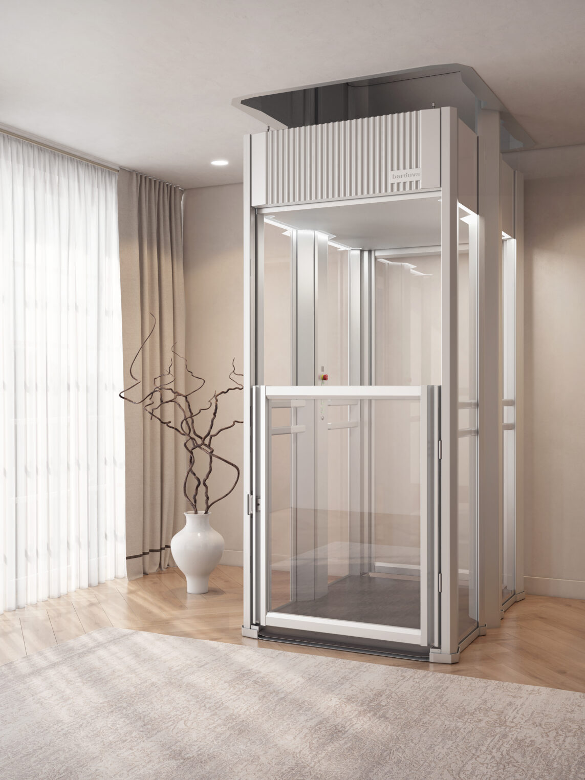 EMB 120 — luxe maatwerk cabine in glas en RVS