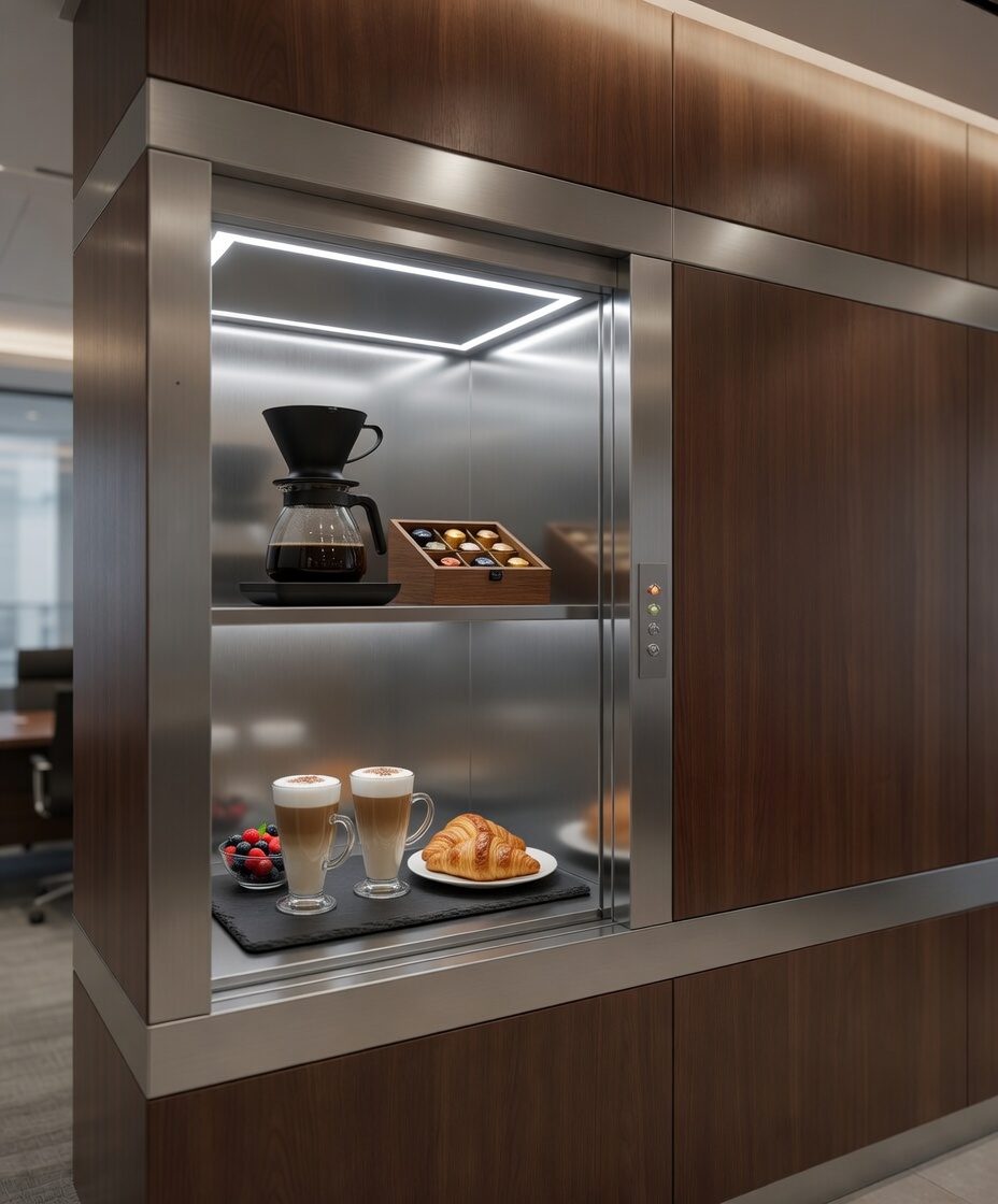RVS keukenlift dumbwaiter met cappuccino en croissant tussen keuken en bedieningsruimte