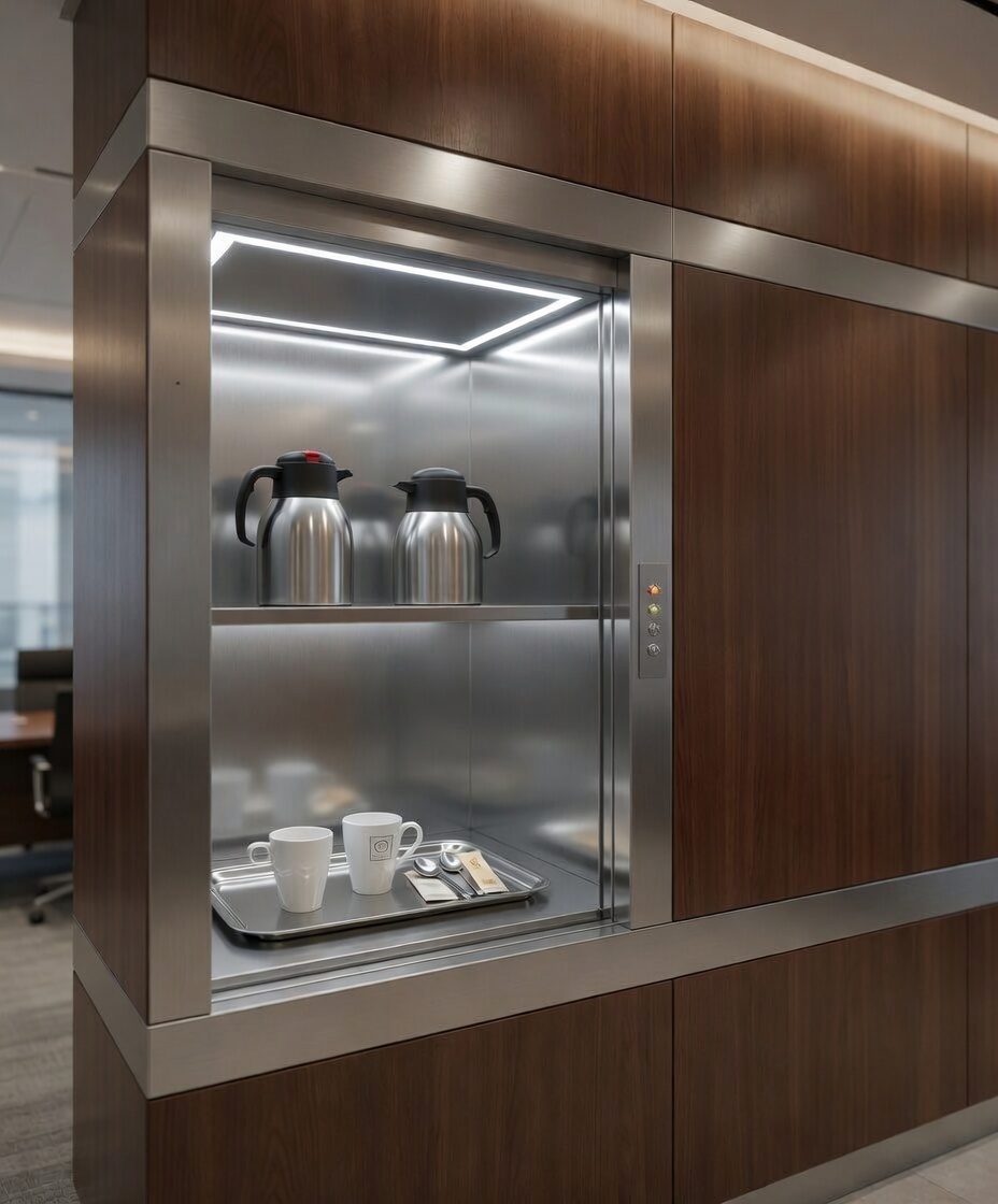 Dumbwaiter horecalift met thermoskannen — compacte cabine in muurschacht of meubelfront