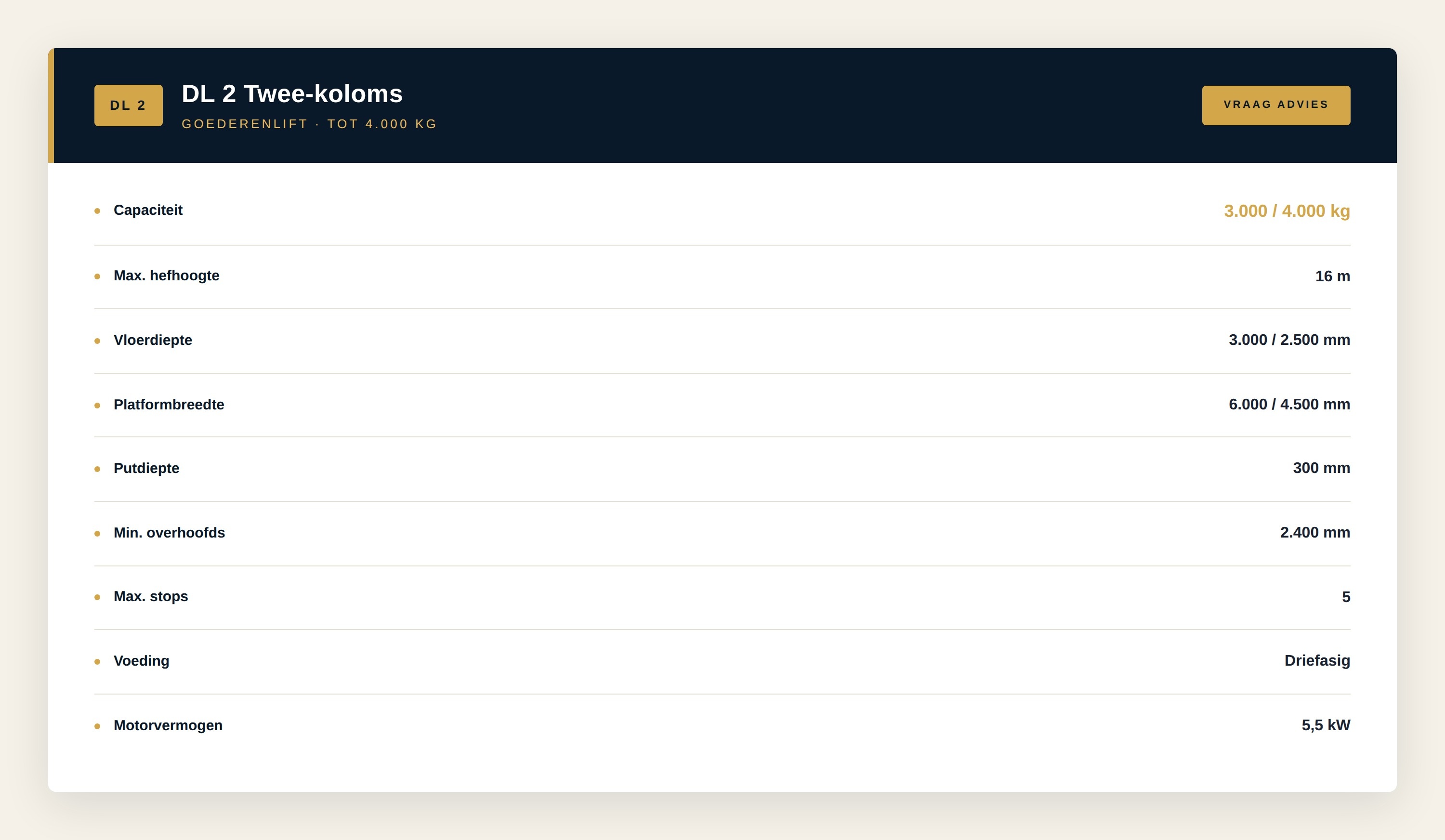 DL kolom goederenlift maatwerk afmeting