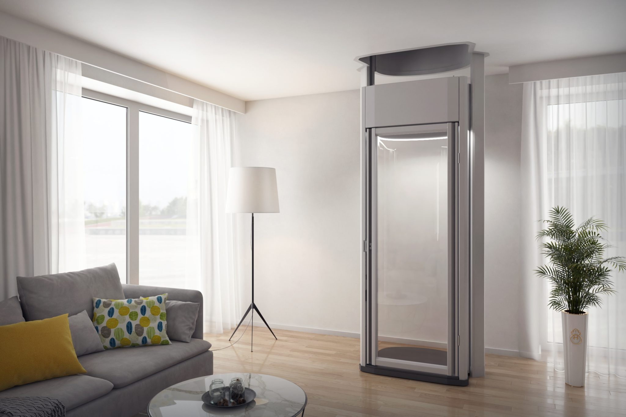 EMB 100 compacte thuislift in woonkamer, geïnstalleerd in één werkdag