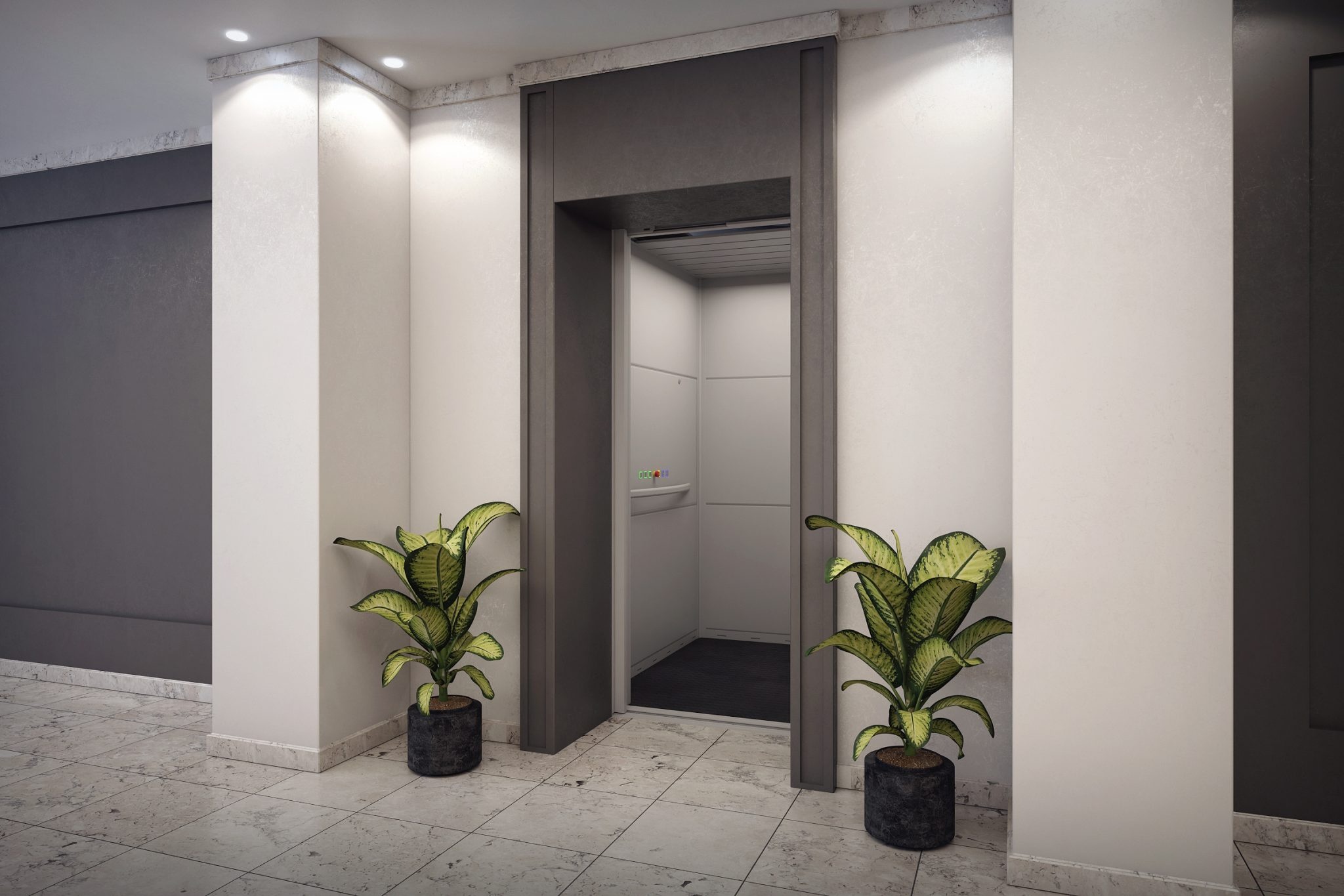 MB 400 premium cabinelift met decoratieve panelen in luxe hotel lobby