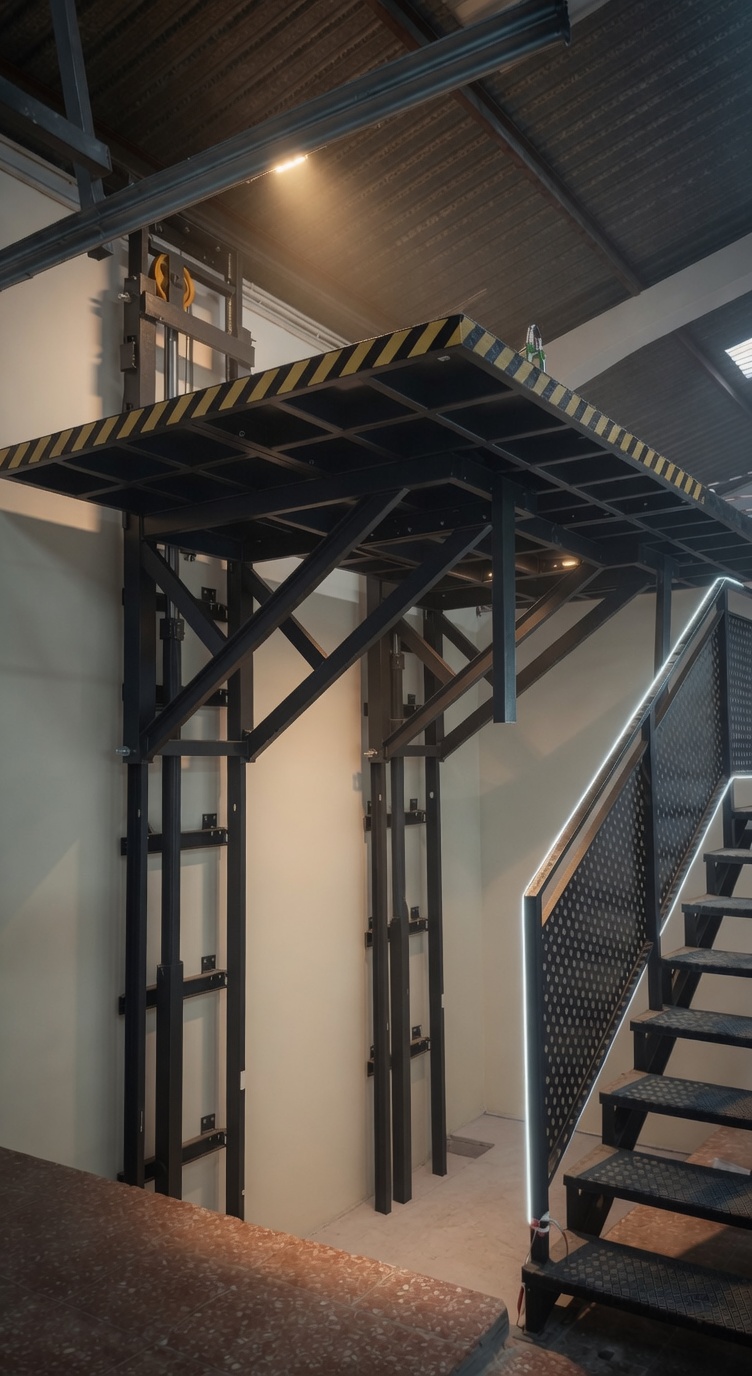 Industriële goederenlift met 8 meter hefhoogte — Industrieel productiebedrijf Biddinghuizen