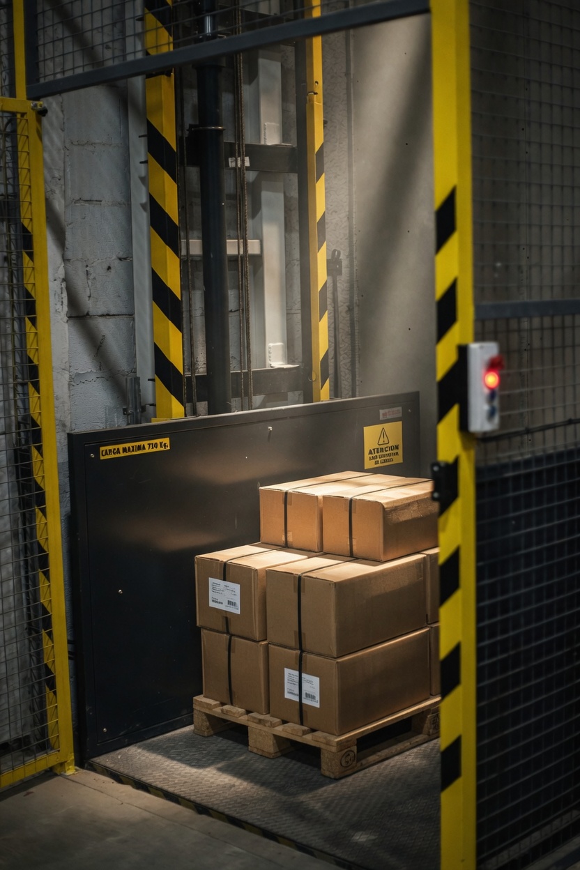 500 kg goederenlift met Troax-hekwerk — Sportvoedingsfabrikant Deurne